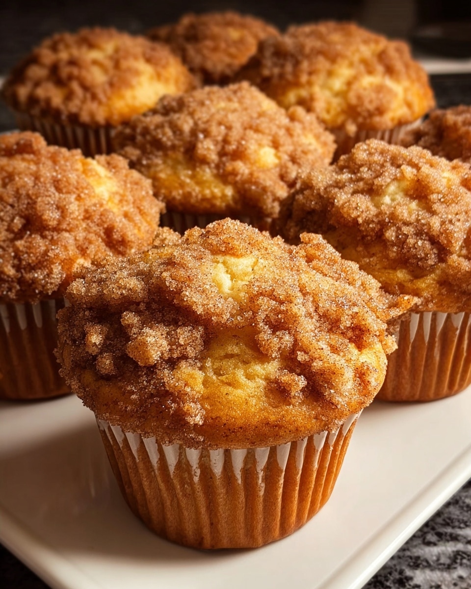 A close-up image of six golden-brown muffins arranged closely on a white rectangular plate, each muffin topped with a crumbly streusel layer that is uneven and crispy, with a shiny sugar coating creating a sparkly effect; the muffins have textured paper liners with vertical ridges, and the light highlights the crumb topping's rough surface, showing hints of cinnamon color mixed with sugar granules; the background features a dark area that contrasts with the warm tones of the muffins. photo taken with an iphone --ar 4:5 --v 7