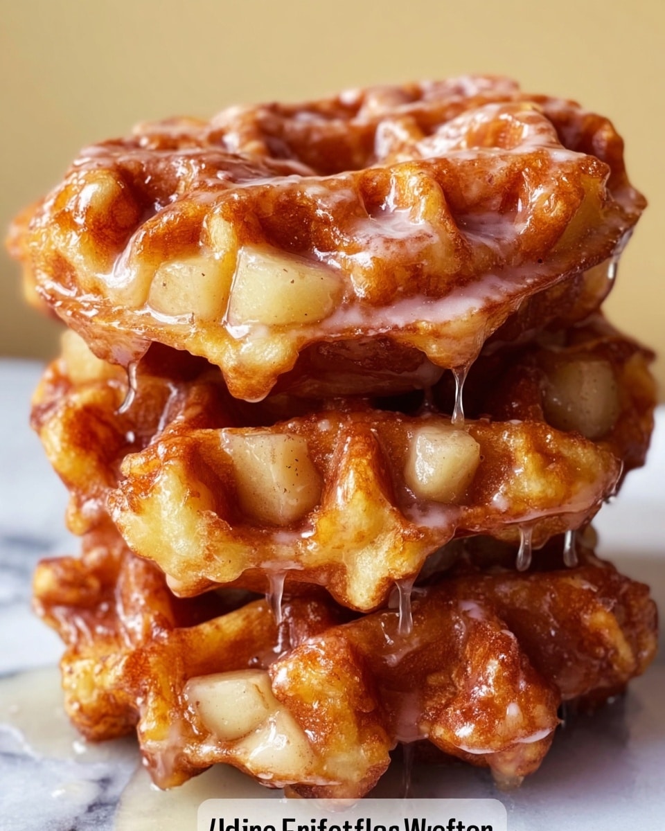 Three apple fritter waffle donuts are stacked on top of each other on a white marbled texture. Each donut has a golden-brown color with a slightly crunchy texture and is filled with small chunks of cooked apples. A shiny glaze lightly covers the donuts, dripping down the sides and making them look sticky and sweet. The donuts' unique waffle shape has deep, irregular pockets that catch the glaze and apple pieces well. The lighting softly highlights the texture and glaze, making the donuts look fresh and tempting. Photo taken with an iphone --ar 4:5 --v 7