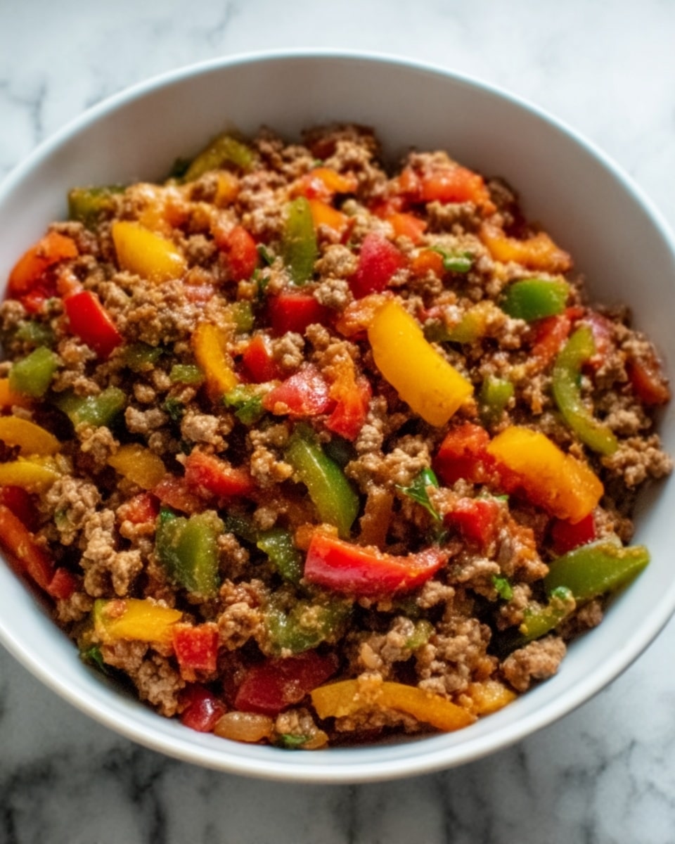 A white bowl filled with a cooked dish made of ground meat and colorful bell pepper slices, including red, yellow, and green pieces, mixed evenly throughout. The meat looks crumbly and brown, while the peppers appear soft and shiny, adding bright colors on top and inside the mix. The bowl is placed on a white marbled surface, and the photo is clear and close-up, showing the textures of the cooked ingredients. photo taken with an iphone --ar 4:5 --v 7