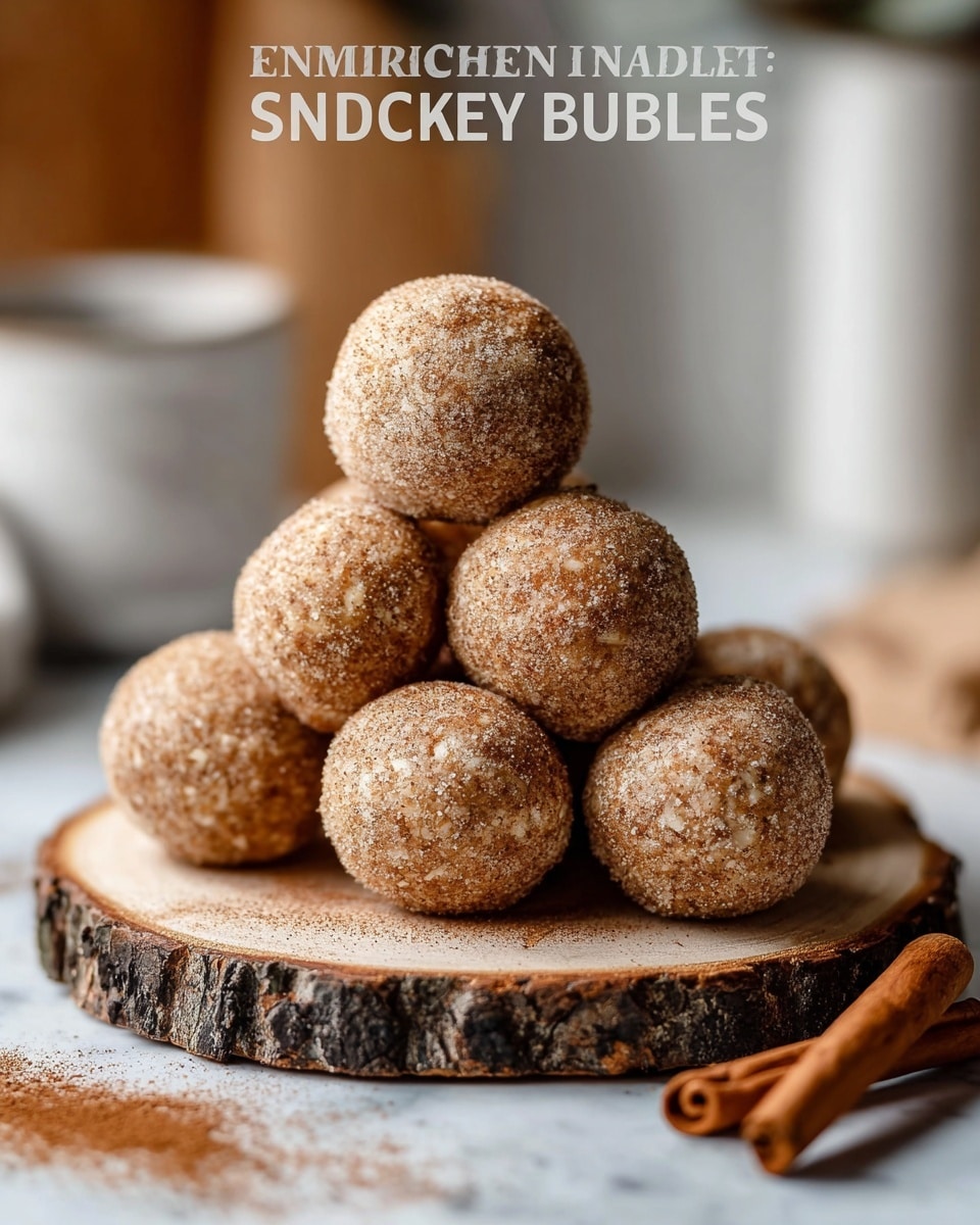 A close-up view of a stack of seven round energy balls coated evenly with a cinnamon-sugar mix, showing a light brown color with slight white nut pieces embedded in them. The energy balls are arranged in a pyramid shape on a circular wooden slab with bark edges, placed on a white marbled surface. Light cinnamon powder is scattered around the base of the stack, with a cinnamon stick resting nearby on the surface. The background is softly blurred with neutral colors and out-of-focus white containers, highlighting the energy balls as the main focus. Photo taken with an iphone --ar 4:5 --v 7