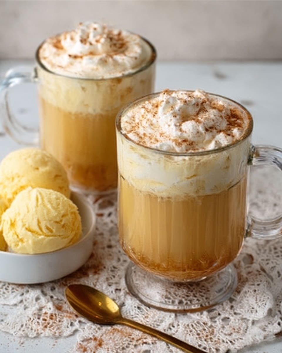 Two clear glass mugs filled with a warm, light amber drink topped with a thick layer of white whipped cream sprinkled with light brown cinnamon powder. Each mug has a handle on the side and sits on a white marbled surface. Behind the mugs, there is a white bowl with three scoops of pale yellow ice cream. Next to the bowl, a silver spoon rests on the surface near some cinnamon sticks. The whole scene looks cozy and inviting. photo taken with an iphone --ar 4:5 --v 7