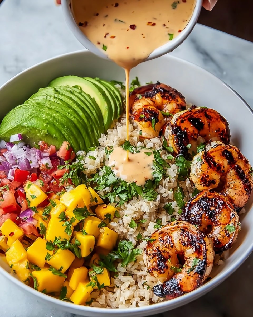 A white bowl filled with a base layer of light beige cooked rice topped by five grilled shrimp with charred black grill marks on the right side, bright yellow mango cubes mixed with red tomato pieces and purple onion bits on the bottom left, and green avocado slices arranged in a fan shape along the top left. Fresh green chopped cilantro is scattered across the toppings. A woman's hand pours a creamy, light orange sauce with red specks onto the center of the bowl. The background shows a white marbled surface. Photo taken with an iphone --ar 4:5 --v 7