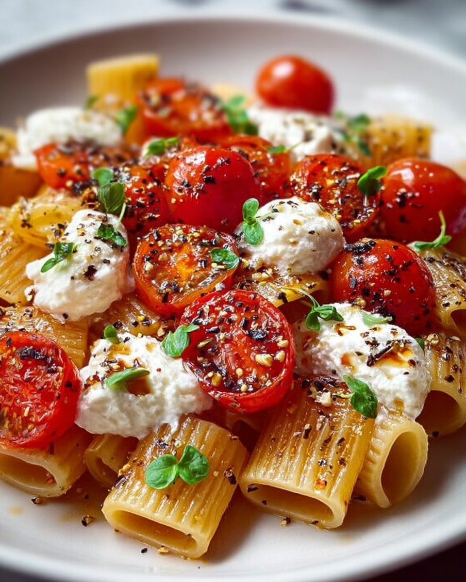 The dish shows a white plate filled with short tube-shaped pasta that has a light golden color and smooth texture, forming the base layer. On top, there are bright red cherry tomatoes, some whole and some halved, with a glossy roasted look. White dollops of creamy cheese are scattered evenly above the pasta and tomatoes. Small green herb leaves are sprinkled across the dish, adding a fresh touch. Crushed black pepper and tiny bits of seasoning are lightly spread over the entire plate, enhancing the visual texture. The photo is taken with an iphone --ar 4:5 --v 7