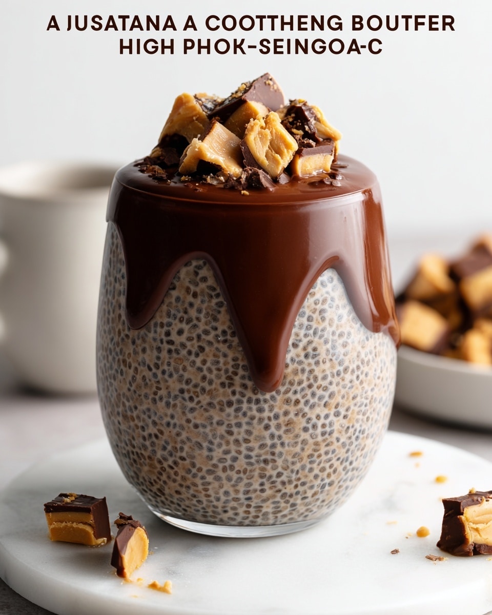 A clear glass cup shows a two-layer dessert with chia seed pudding on the bottom, which is light brown with small black chia seeds spread evenly throughout. The top layer is thick, smooth chocolate with a rich dark brown color, slightly dripping down the edges onto the chia pudding below. On top of the chocolate layer, there are chunks of chocolate and pieces of peanut butter, adding texture and color contrast with shades of dark brown and creamy yellow. The glass sits on a white marbled textured surface with blurred background elements that include more peanut butter pieces and a jar, creating a cozy and fresh feel. photo taken with an iphone --ar 4:5 --v 7