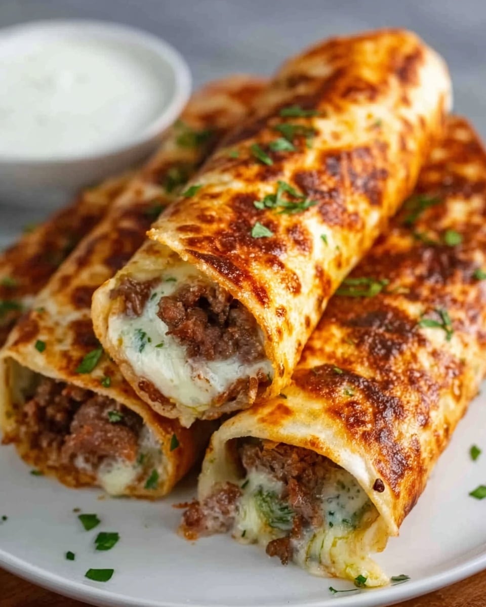 Three rolled crepes filled with a cheesy, creamy filling mixed with mushrooms and herbs sit close together on a white plate. The crepes are golden-brown and slightly crispy on the outside, with melted cheese and bits of green herbs visible where they are cut open. Tiny specks of black pepper and finely chopped green herbs sprinkle the tops. There is a small white bowl with white sauce blurred in the background on a white marbled surface. Near the plate, a woman’s hand holds one crepe, showing the soft, creamy inside clearly. Photo taken with an iphone --ar 4:5 --v 7