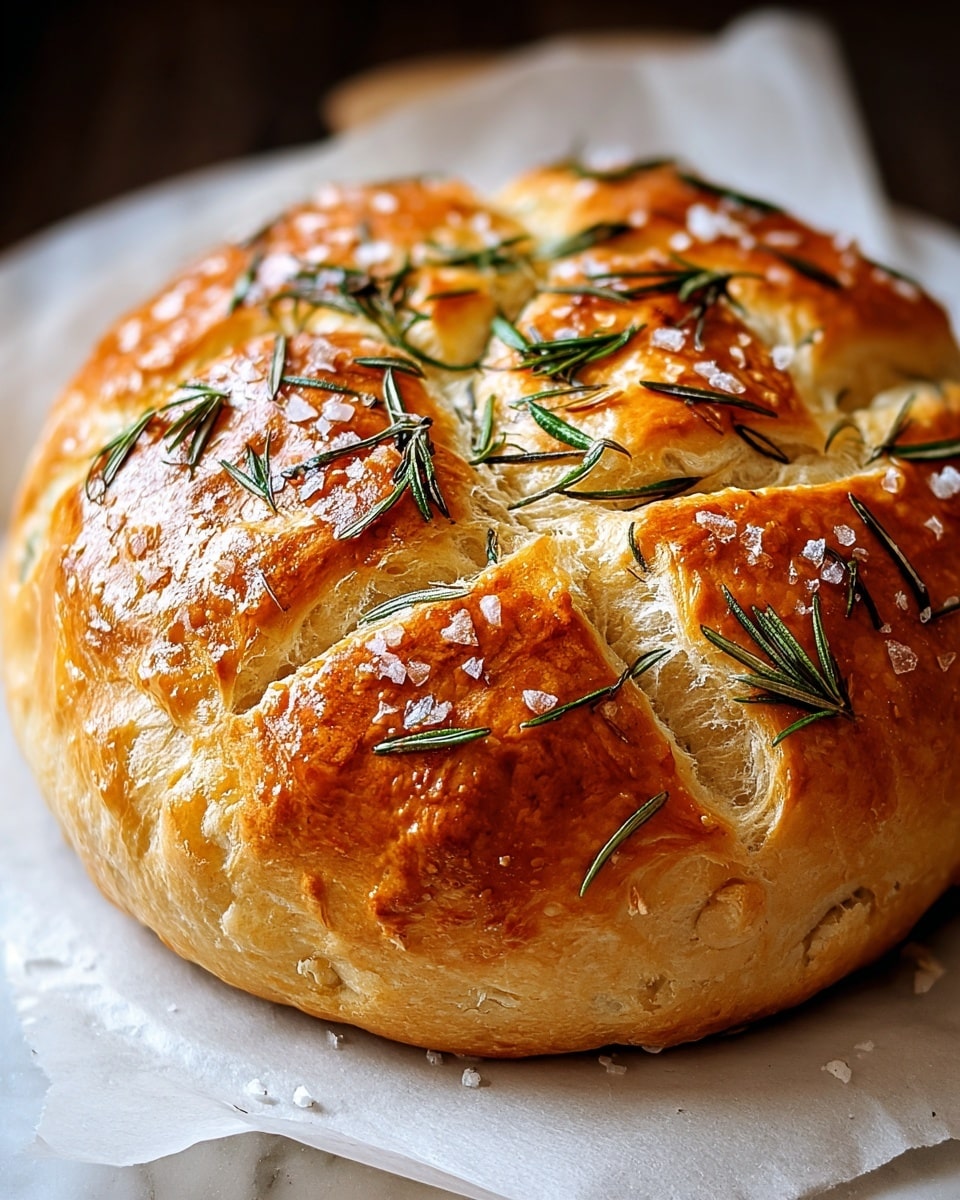 A round, golden-brown focaccia bread with a shiny, slightly crispy crust is topped with scattered green rosemary leaves and coarse salt crystals. The bread is divided into six large, soft sections by deep cuts in the dough, showing a fluffy, light texture inside. The surface beneath the bread is covered with white parchment paper, and the background features a white marbled texture. Photo taken with an iphone --ar 4:5 --v 7