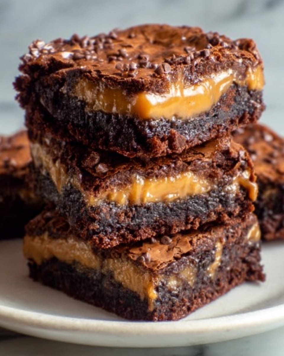 Three brownies stacked on a white plate, each brownie showing three layers: a thick, dark brown chocolate bottom layer with a moist, crumbly texture; a middle layer of creamy, golden caramel that looks smooth and slightly gooey; and a top layer of cracked, shiny dark chocolate that is slightly textured with swirls. The brownies look rich and dense, with some caramel visible on the sides. The plate sits on a white marbled surface. photo taken with an iphone --ar 4:5 --v 7