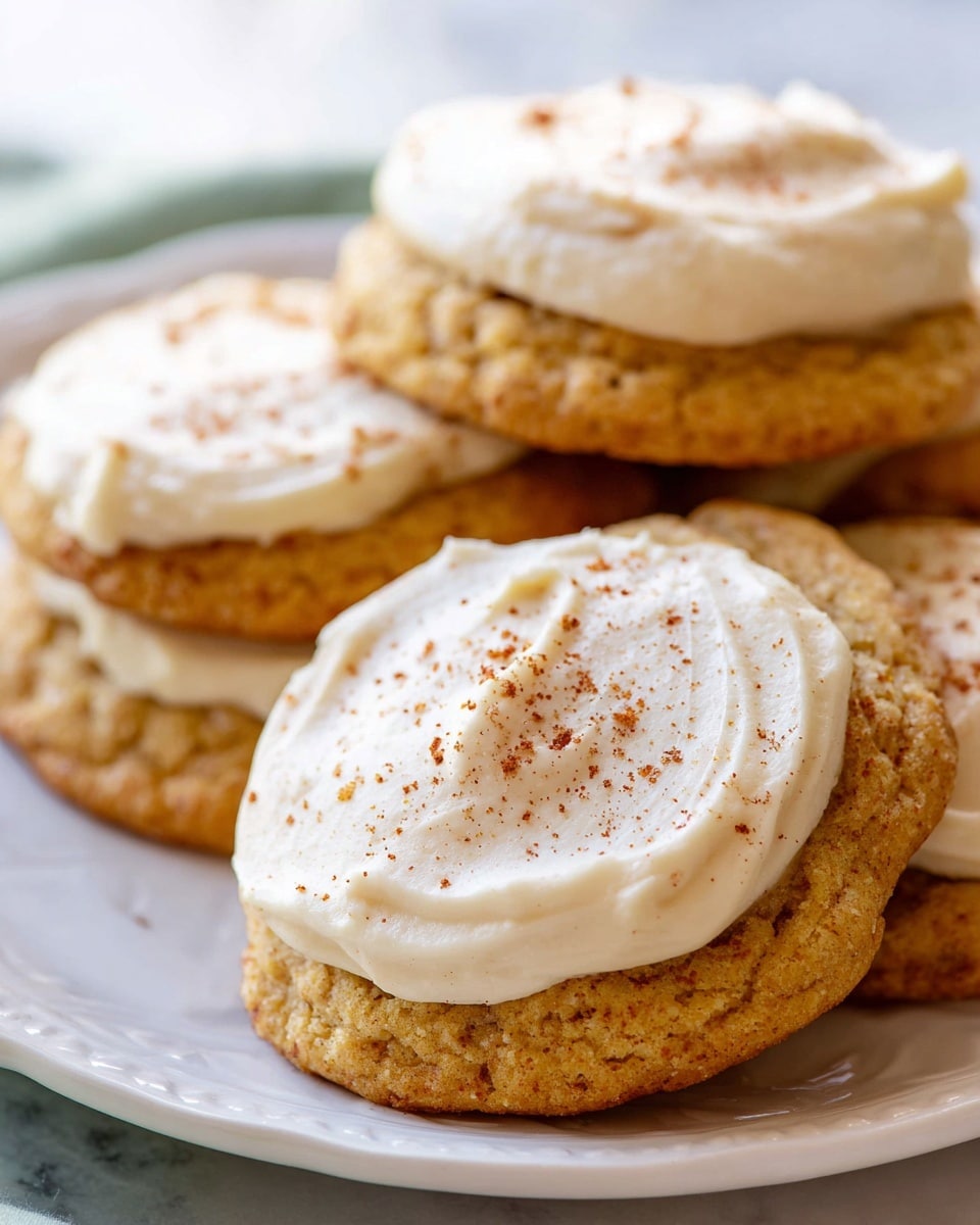 The image shows a close-up of five soft, round cookies stacked on a white plate, each about two layers thick. The base layer of each cookie is a light brown, slightly rough textured cookie. On top of each cookie is a thick layer of smooth, creamy white frosting spread generously, with a few light brown specks of spice sprinkled on top of the frosting for decoration. The plate sits on a white marbled surface that softly blurs in the background. photo taken with an iphone --ar 4:5 --v 7