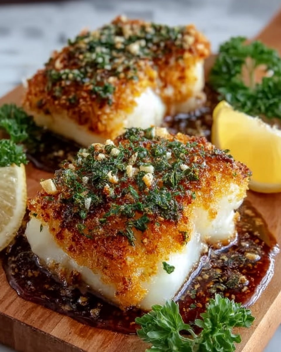 The image shows two pieces of fish with a crispy golden-brown crust on top, sprinkled with green herbs and small bits of white flakes. The fish inside is white and soft, visible at the bottom edges. The fish pieces sit on a wooden board with a dark brown sauce underneath them. Fresh green parsley leaves and a slice of lemon are placed around the fish for decoration. The background is a white marbled texture. photo taken with an iphone --ar 4:5 --v 7