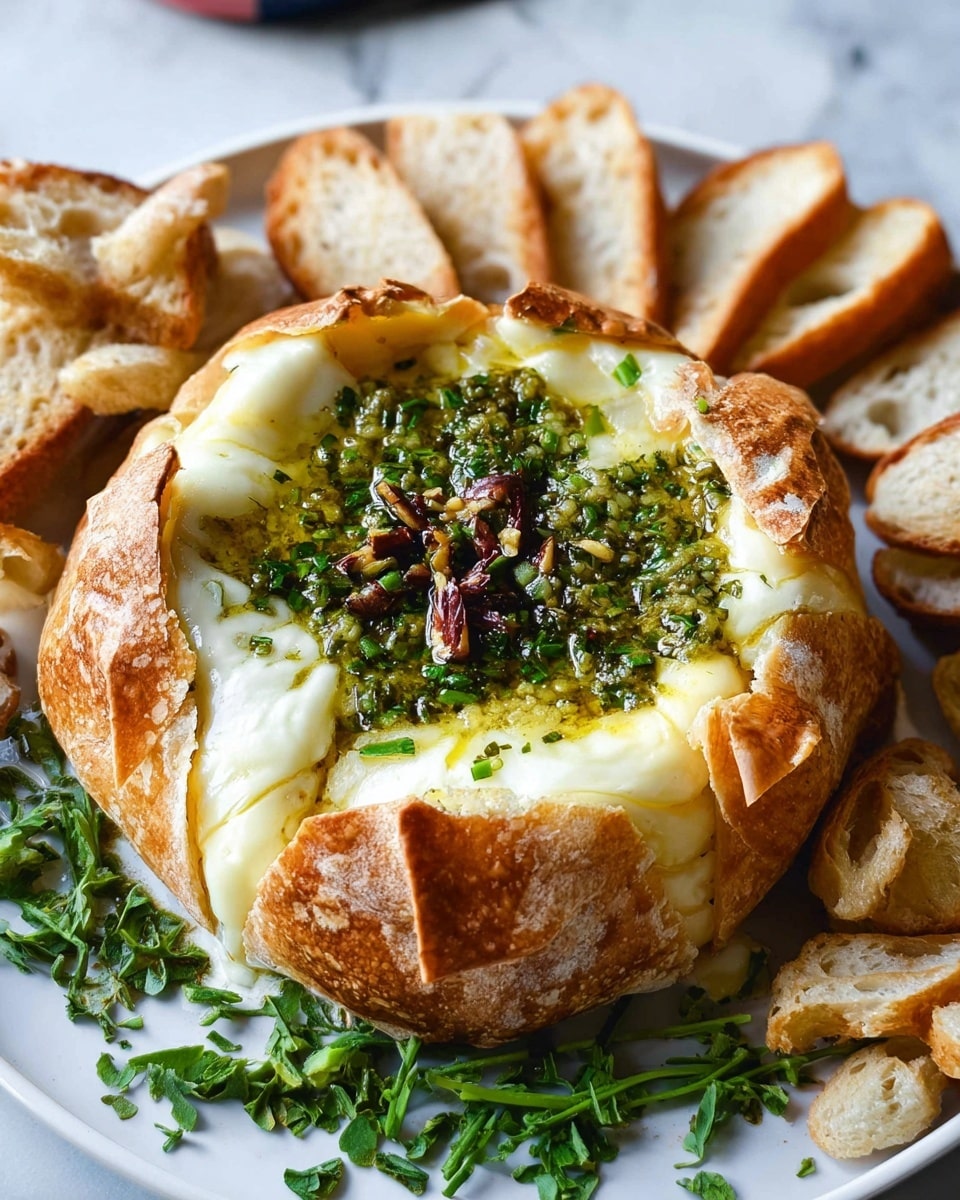A round baked camembert cheese with a golden, crispy outer rind sits on a white plate. The cheese inside is melted and creamy, oozing out slightly onto the plate at the front. The top is sprinkled with finely chopped green herbs and small pieces of red berries, adding color contrast. The edges of the rind are wrinkled and browned with a glossy finish. Some fresh green herb sprigs are placed around the base of the cheese on the plate. The plate is set on a white marbled textured surface with slices of toasted bread blurred in the background. photo taken with an iphone --ar 4:5 --v 7