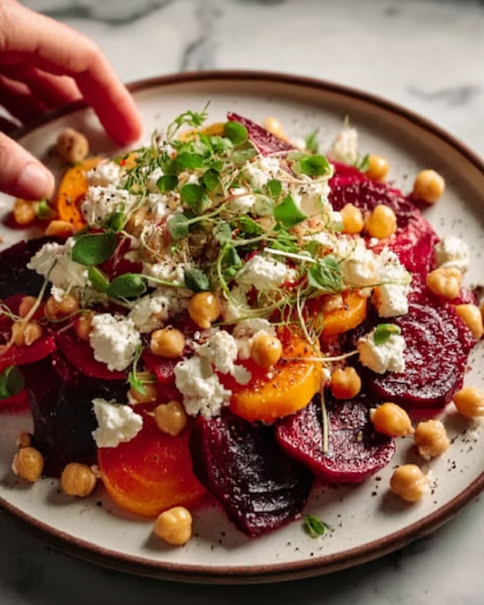 A close-up of a colorful salad served on a white plate, placed on a white marbled surface. The salad has several layers: at the bottom, deep red beet slices with smooth texture, next there are layer of bright orange carrot strips. On top, there are round, golden chickpeas scattered all over. White chunks of soft feta cheese are spread throughout, adding contrast. Green herbs and small sprouts are sprinkled on top, adding freshness. A woman's hand is reaching toward the salad from the left side. Photo taken with an iphone --ar 4:5 --v 7