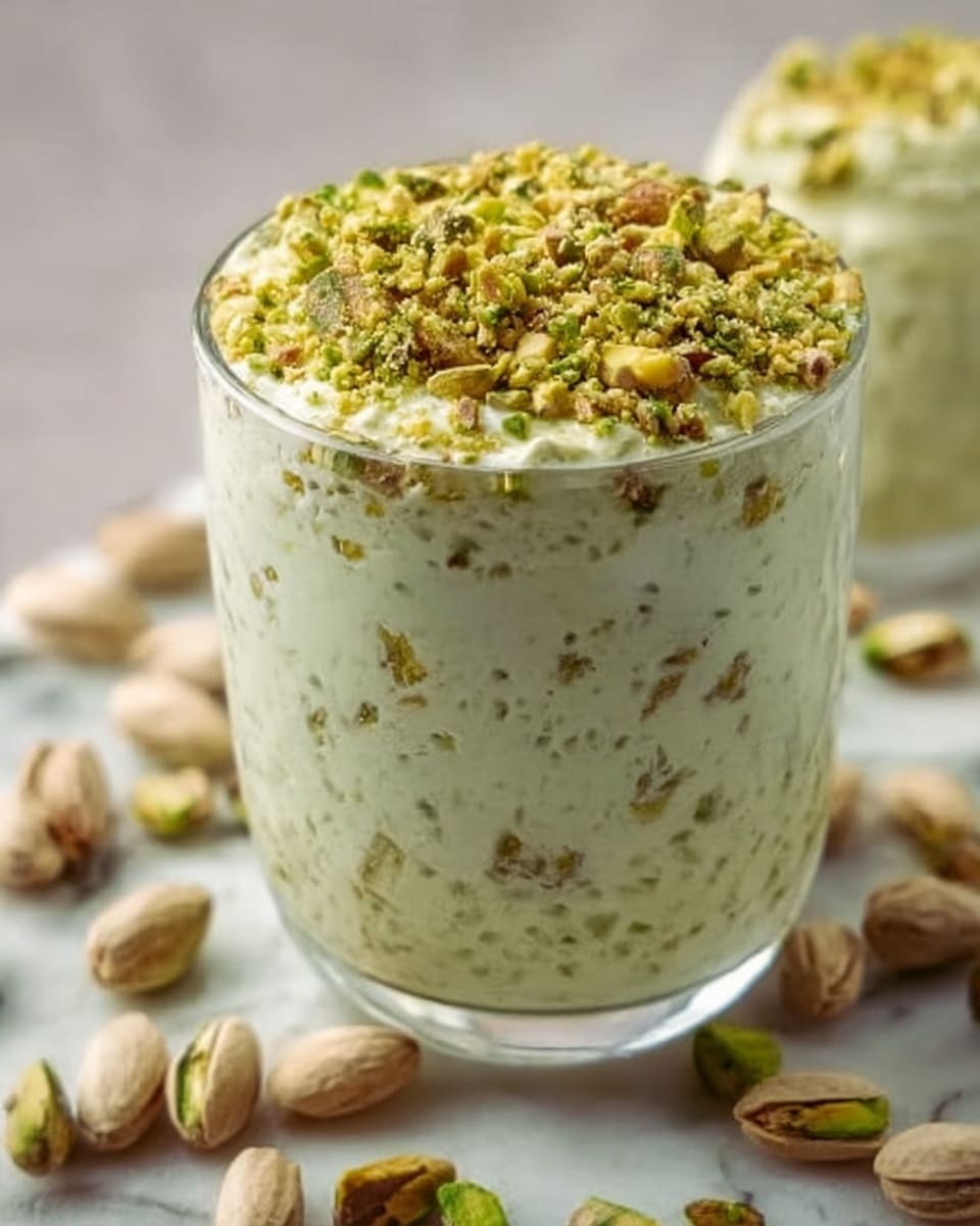 A clear glass filled with a creamy dessert that has a light green color with tiny nuts mixed inside. On top, there is a thick layer of crushed pistachio nuts, giving a rough texture and deeper green shade. Around the glass, a few pistachios are scattered on a white marbled surface, creating a simple and fresh look. Photo taken with an iphone --ar 4:5 --v 7