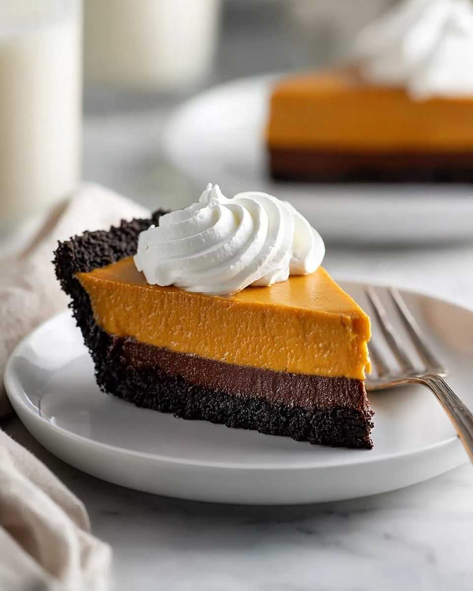 A slice of pie with two clear layers is placed on a white plate. The bottom layer is dark brown, crumbly, and thick, suggesting a chocolate crust, while the top layer is a smooth, rich orange pumpkin filling. On top of the slice, there is a swirl of white whipped cream with soft peaks. A silver fork rests on the plate near the pie. The background shows a blurred second slice of pie with whipped cream and a glass of milk on a white marbled surface. Photo taken with an iphone --ar 4:5 --v 7