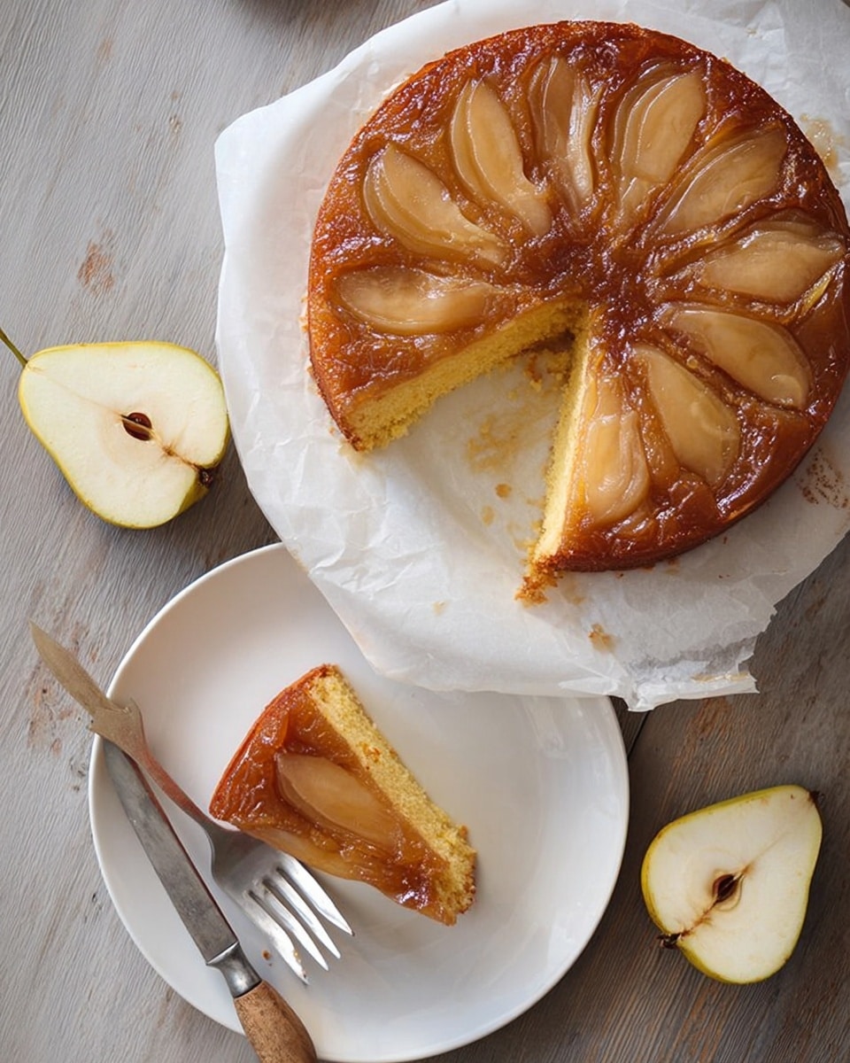 A round pear upside-down cake is shown with one slice removed, revealing a golden brown base with a soft texture. The top layer has arranged pear slices in a fan-like pattern, covered in a shiny caramel glaze. The cake is on a white plate with parchment paper underneath, and a knife lies on the right side of the plate. A pale green plate with a single slice of the cake sits above it, next to a silver fork. Two halves of a fresh pear with a yellow-green skin are placed beside the cake on a white marbled surface. photo taken with an iphone --ar 4:5 --v 7