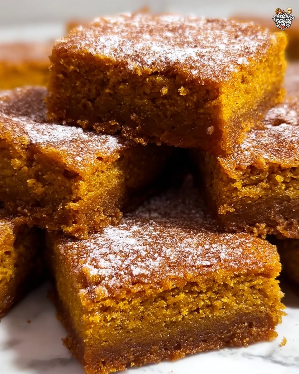 The image shows several thick, square pieces of pumpkin cake stacked close together on a white marbled surface. Each piece has three visible layers: a moist, dense bottom layer that is golden brown, a middle layer that is soft and orange-yellow with a slightly crumbly texture, and a top layer coated with a thin, even dusting of cinnamon sugar that gives it a sparkly, textured look. The edges of the squares are clean-cut, and the soft crumb inside looks tender and well-baked. Photo taken with an iphone --ar 4:5 --v 7