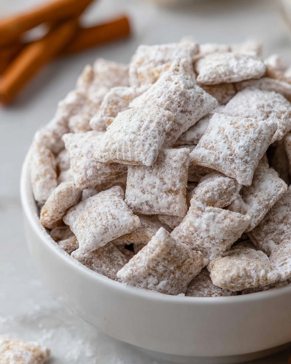 A close-up view of a white bowl filled with small square cereal pieces coated in a thick layer of white powdered sugar, giving them a soft, fuzzy texture. The cereal squares are piled high, showing some overlapping and stacked at different angles, with a few cinnamon sticks faintly visible in the blurred background on a white marbled surface. The powdered sugar coating gives the cereal a white and light beige color, with some cinnamon specks peeking through. Photo taken with an iphone --ar 4:5 --v 7