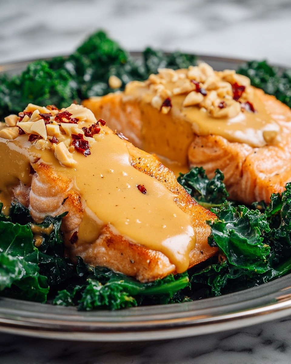 The image shows two pieces of cooked salmon with a light orange-pink color and a slightly crispy texture on the edges, each topped with a smooth, thick, beige peanut sauce with some crushed peanuts and red chili flakes scattered on top. The salmon rests on a bed of dark green kale leaves that look fresh and slightly wet. All the food is served on a white plate with a silver rim, placed on a white marbled surface. photo taken with an iphone --ar 4:5 --v 7