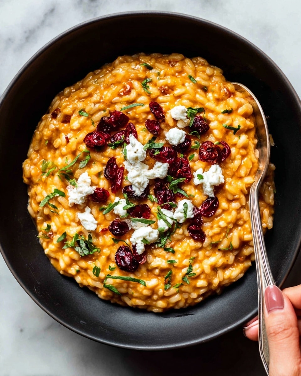 A close-up image of a black bowl filled with creamy orange risotto that has a smooth, slightly shiny texture. The risotto is topped with a scattering of white crumbled cheese and small, dark red dried cranberries. There are small green herb pieces sprinkled throughout the dish, adding a touch of color contrast. A silver spoon is partially dipped into the risotto on the right side of the bowl. The bowl sits on a white marbled surface. photo taken with an iphone --ar 4:5 --v 7