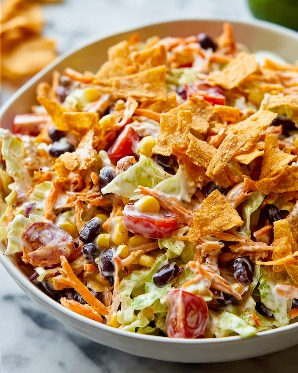 A close-up view of a colorful layered salad in a white bowl sitting on a white marbled surface, featuring a mix of shredded light green cabbage and orange carrots as a base layer, scattered with black beans and yellow corn throughout, topped with small chopped red tomatoes and white shredded cheese, garnished with crunchy orange corn chips broken into pieces on top. The salad shows a mix of textures from soft vegetables, creamy cheese, and crunchy chips, with a vibrant and fresh look. Photo taken with an iphone --ar 4:5 --v 7