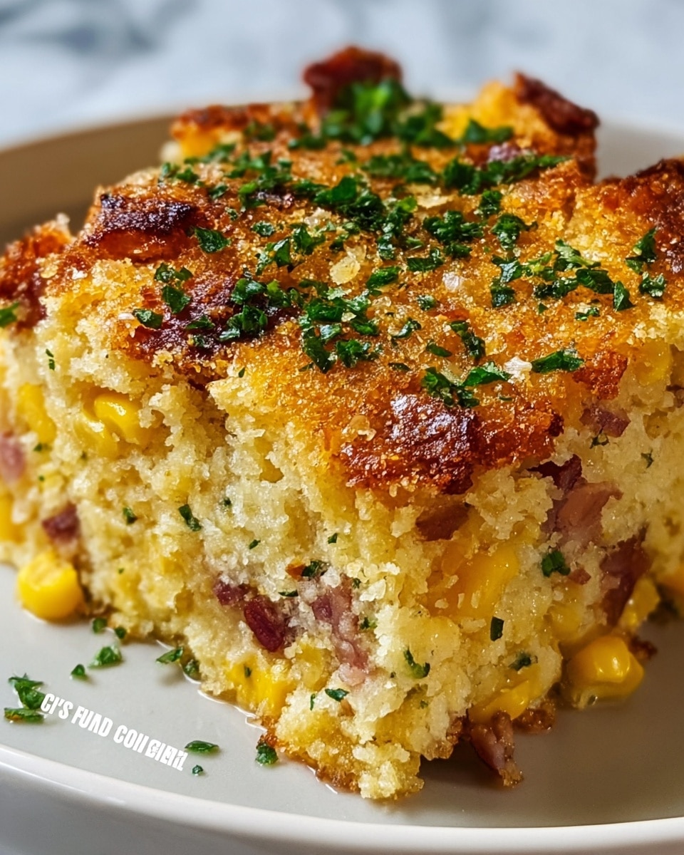 The image shows a close-up of a thick slice of cornbread casserole with three main layers: a golden-brown crispy top layer with crunchy texture and green herb sprinkles; a soft, dense middle layer filled with yellow corn kernels and mixed in pieces of ham or bacon that add reddish-brown tones; and a moist creamy bottom layer blending into the plate, all resting on a white plate. The cornbread looks warm and crumbly with visible bits of corn and herbs throughout. The setting is on a white marbled surface. Photo taken with an iphone --ar 4:5 --v 7