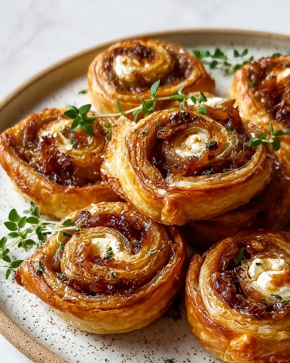 The image shows several golden-brown puff pastry pinwheels arranged closely on a white plate with a speckled pattern. Each pinwheel has a flaky, crispy outer layer that spirals inward to reveal a rich, darker filling, likely caramelized onions or a similar ingredient, contrasted with soft, white cheese tucked in the middle of the spirals. Small green herb sprigs are scattered on top of and around the pinwheels, adding a fresh, vibrant touch to the warm tones of the pastry. The background has a white marbled texture, creating a clean and bright setting for the dish. Photo taken with an iphone --ar 4:5 --v 7