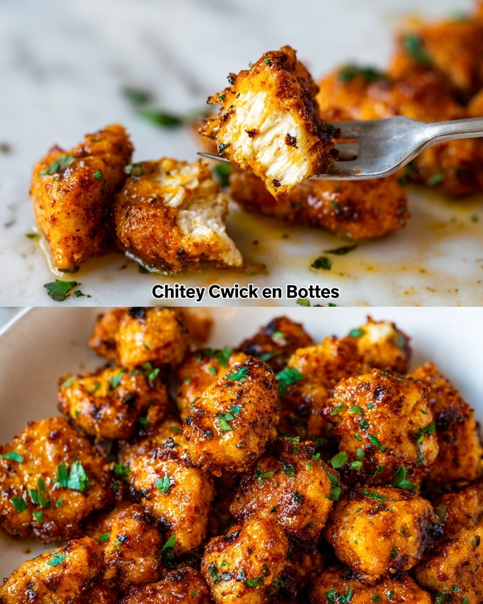 The image shows many small, golden-brown chicken bites with a crispy texture, coated evenly with seasoning and sprinkled with fresh green herbs. In the upper part, a silver fork is holding up one piece of chicken, showing a white, juicy inside with a well-cooked, browned outside. The chicken bites lie on a white surface with a slight shine from buttery oil, adding a rich, glistening look. The bottom part shows more chicken bites piled together with similar color and texture, all resting in a white dish. The background has a white marbled texture, emphasizing the warm tones of the chicken. photo taken with an iphone --ar 4:5 --v 7