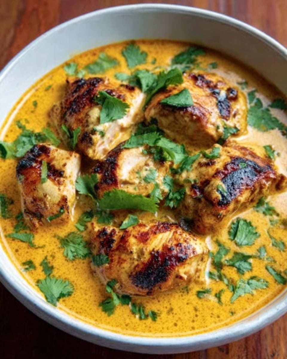 The image shows a white bowl filled with creamy orange curry with grilled chicken pieces on top. The bowl is placed on a wooden surface. The curry is smooth and rich with a thick texture, covering the bottom and sides of the bowl. On top of the curry, there are five pieces of grilled chicken, browned with visible grill marks and a slightly charred texture. Fresh green cilantro leaves are scattered over the chicken and curry, adding a fresh color contrast. In the background, there is a smaller white bowl with more curry. The photo taken with an iphone --ar 4:5 --v 7