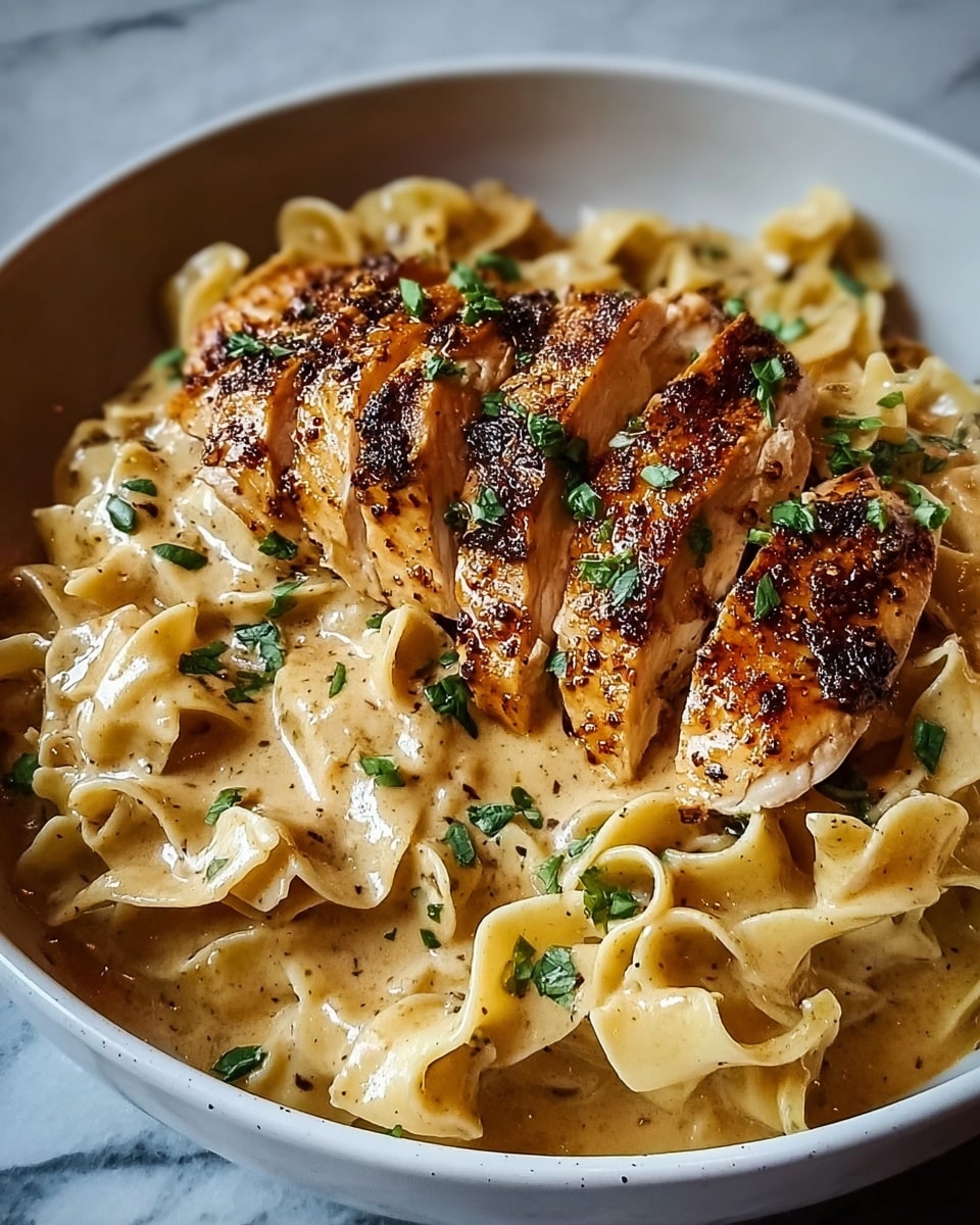 A white bowl filled with wide, ribbon-like pasta coated in a creamy, light beige sauce. On top of the pasta lies a sliced chicken breast cooked to a golden brown with a slightly crispy skin. The chicken is cut into thick pieces arranged neatly, showing the juicy interior. The dish is sprinkled with chopped green herbs and a few black pepper flakes that add a touch of color contrast. The background shows a white marbled surface. photo taken with an iphone --ar 4:5 --v 7