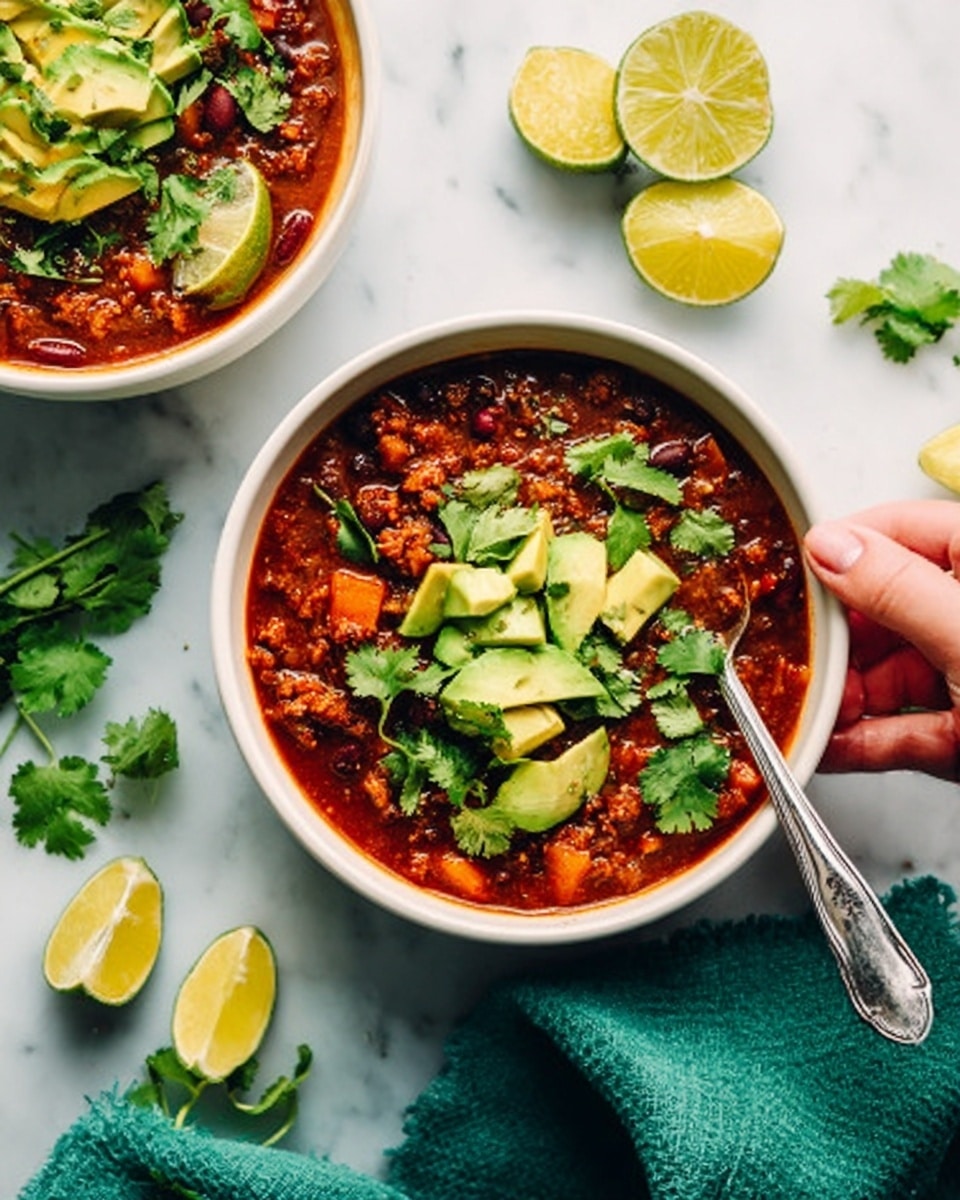 The image shows two white bowls filled with a rich, reddish-brown chili that has visible pieces of beans and meat. Each bowl is topped with fresh green avocado slices, lime wedges, and sprigs of bright green cilantro. One bowl has a silver spoon resting inside, with a woman's hand holding it. Around the bowls, there are small lemon and lime wedges placed on the white marbled surface, along with a green cloth napkin. The overall look is colorful with the contrast between the warm chili and fresh green toppings. Photo taken with an iphone --ar 4:5 --v 7