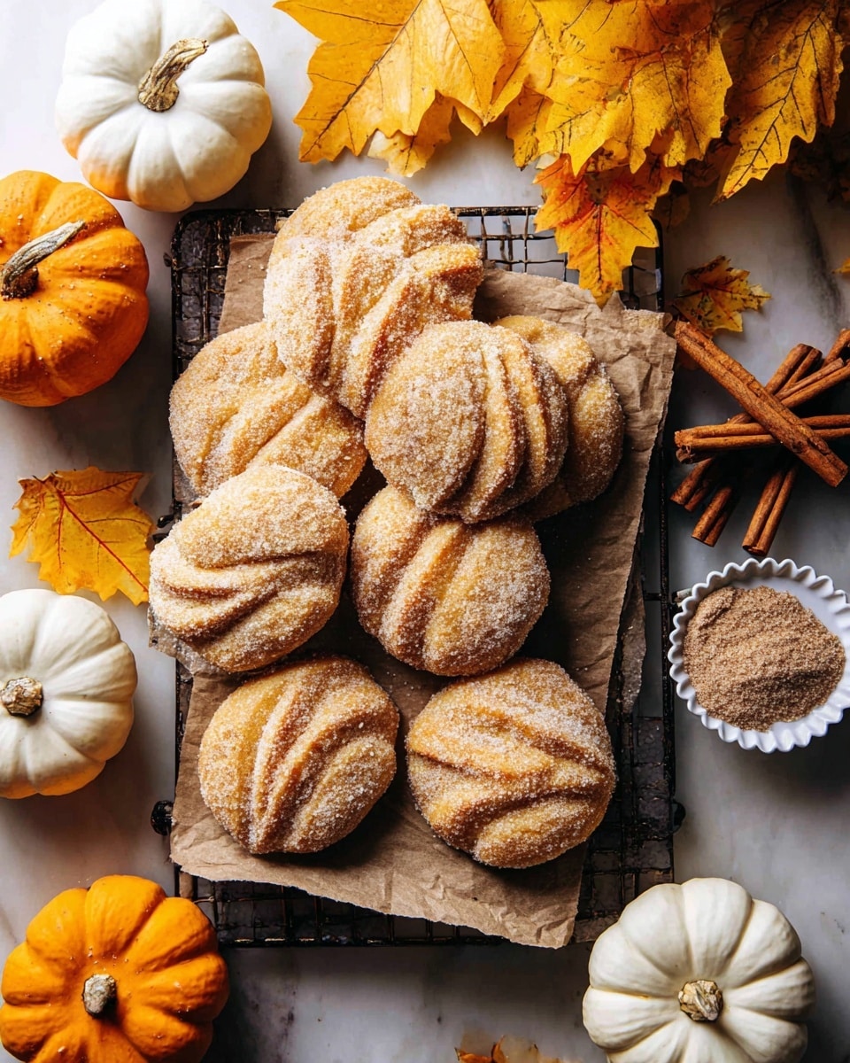 Several pumpkin-shaped pastries lie on a piece of brown parchment paper over a black cooling rack. Each pastry is golden brown with a textured, sugar-coated surface and has three curved slits on top, giving them a pumpkin-like look. The pastries are arranged in a scattered pile, some overlapping each other. To the right, a small white tart tin filled with coarse brown sugar holds three cinnamon sticks positioned diagonally. Around the pastries are three small pumpkins: two white and one bright orange, adding autumn colors. Yellow autumn leaves are at the top of the image, all set against a white marbled surface. photo taken with an iphone --ar 4:5 --v 7