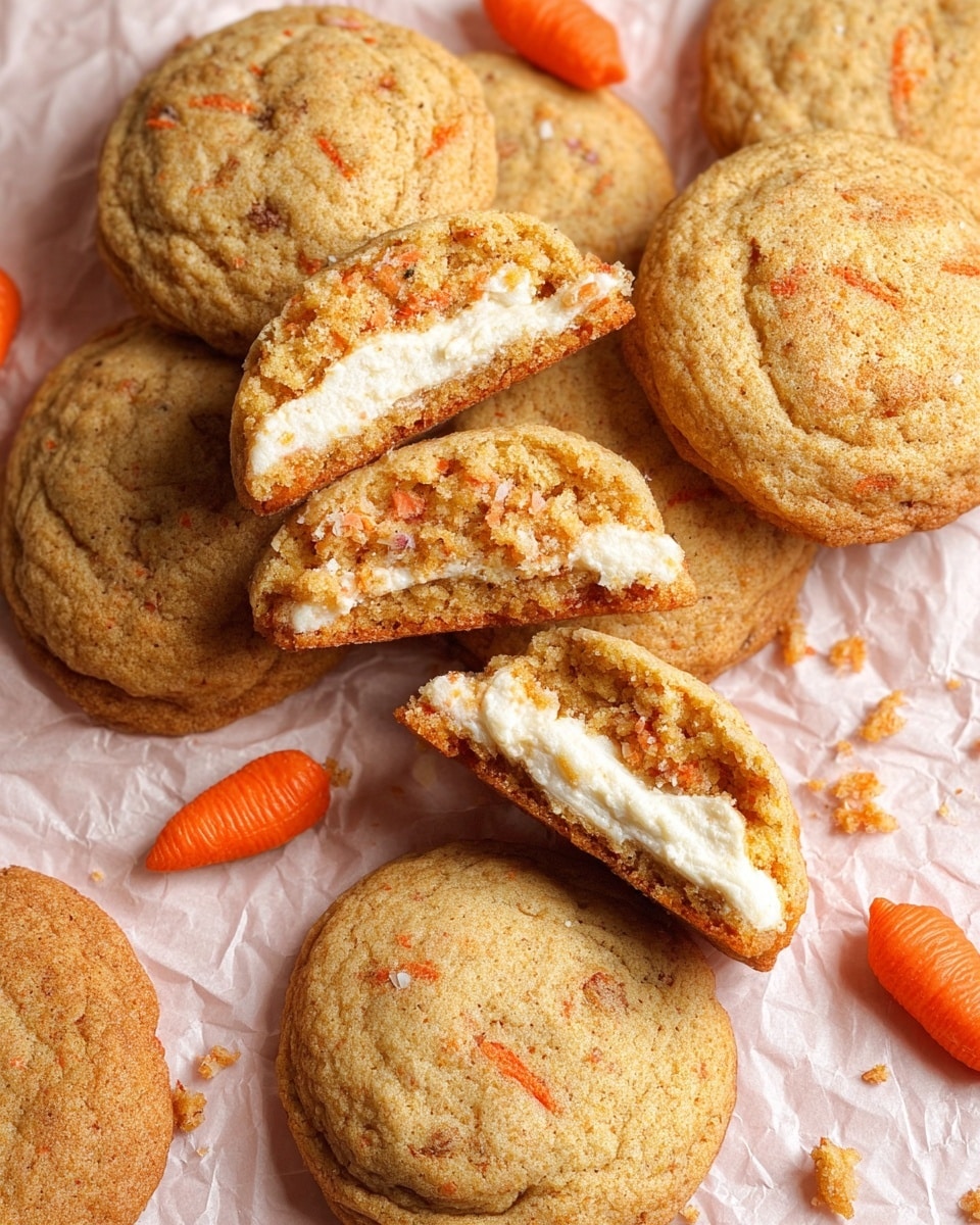 A close-up of soft carrot cookies arranged on parchment paper over a white marbled surface, showing visible shreds of orange carrot in their light brown dough. Two of the cookies are broken in half to reveal a creamy white filling inside, with a slightly darker brown inner cookie layer. Small edible carrot-shaped decorations in orange and green are scattered around the cookies, along with a real carrot on the side. The overall texture of the cookies appears moist and chewy with a slightly cracked top. Photo taken with an iphone --ar 4:5 --v 7