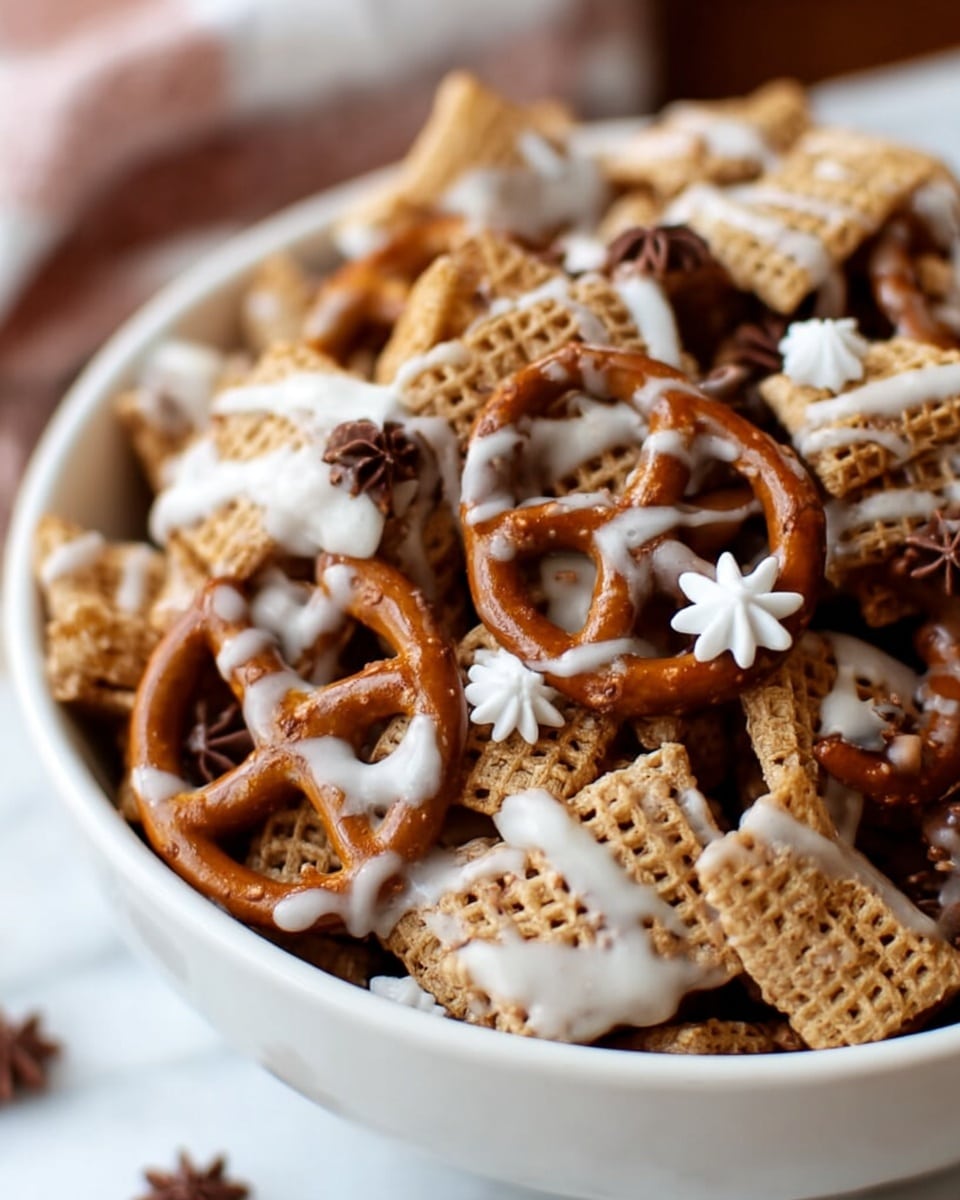 A close-up view of a pile of snack mix in a white bowl, placed on a white marbled surface. The snack mix consists of square cereal pieces in light brown shades with a crispy texture, and small pretzels in a deeper brown color. The mix is drizzled with white icing that covers the pieces unevenly, adding a shiny contrast. Small brown star-shaped sprinkles are scattered on top, giving extra detail and color variation throughout the mix. The photo is softly focused on the front snack pieces, with some background pieces appearing blurred. Photo taken with an iphone --ar 4:5 --v 7
