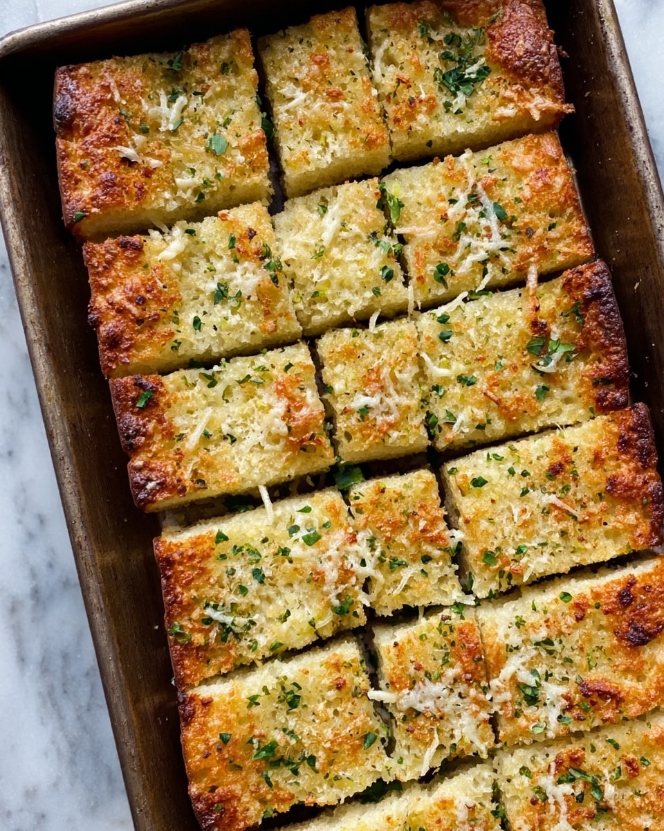 The image shows a metal baking pan filled with eight rectangular slices of golden brown garlic bread arranged in two rows of four. Each slice has a crispy crust with a lightly browned top coated in small flakes of melted cheese and green bits of herbs, likely parsley, scattered evenly across the surface. The texture looks soft inside with a crunchy, slightly oily top, and the bread is cut cleanly into individual pieces. The pan rests on a white marbled surface. photo taken with an iphone --ar 4:5 --v 7
