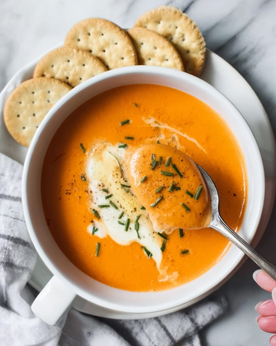 A white bowl filled with creamy orange soup, topped with a swirl of white cream and sprinkled with small green herbs. A spoon scoops some soup from the bowl revealing a smooth texture, with square crackers arranged around the bowl on a white marbled surface. The colors are warm and inviting, with the orange soup contrasting against the white bowl and green herbs, photo taken with an iphone --ar 4:5 --v 7