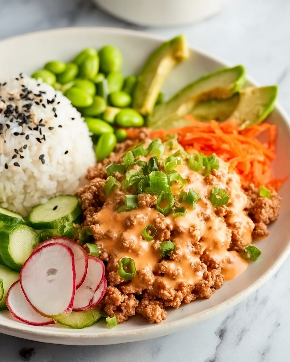 A white bowl filled with layers starting with white rice sprinkled with black sesame seeds on the left side; next to it is cooked brown ground meat topped with a light orange creamy sauce and garnished with chopped green onions and black sesame seeds. Around the edges, there are bright green edamame, thin orange shredded carrots, sliced light green cucumbers, and thin pale red radish slices, all arranged neatly on a white marbled surface. Photo taken with an iphone --ar 4:5 --v 7