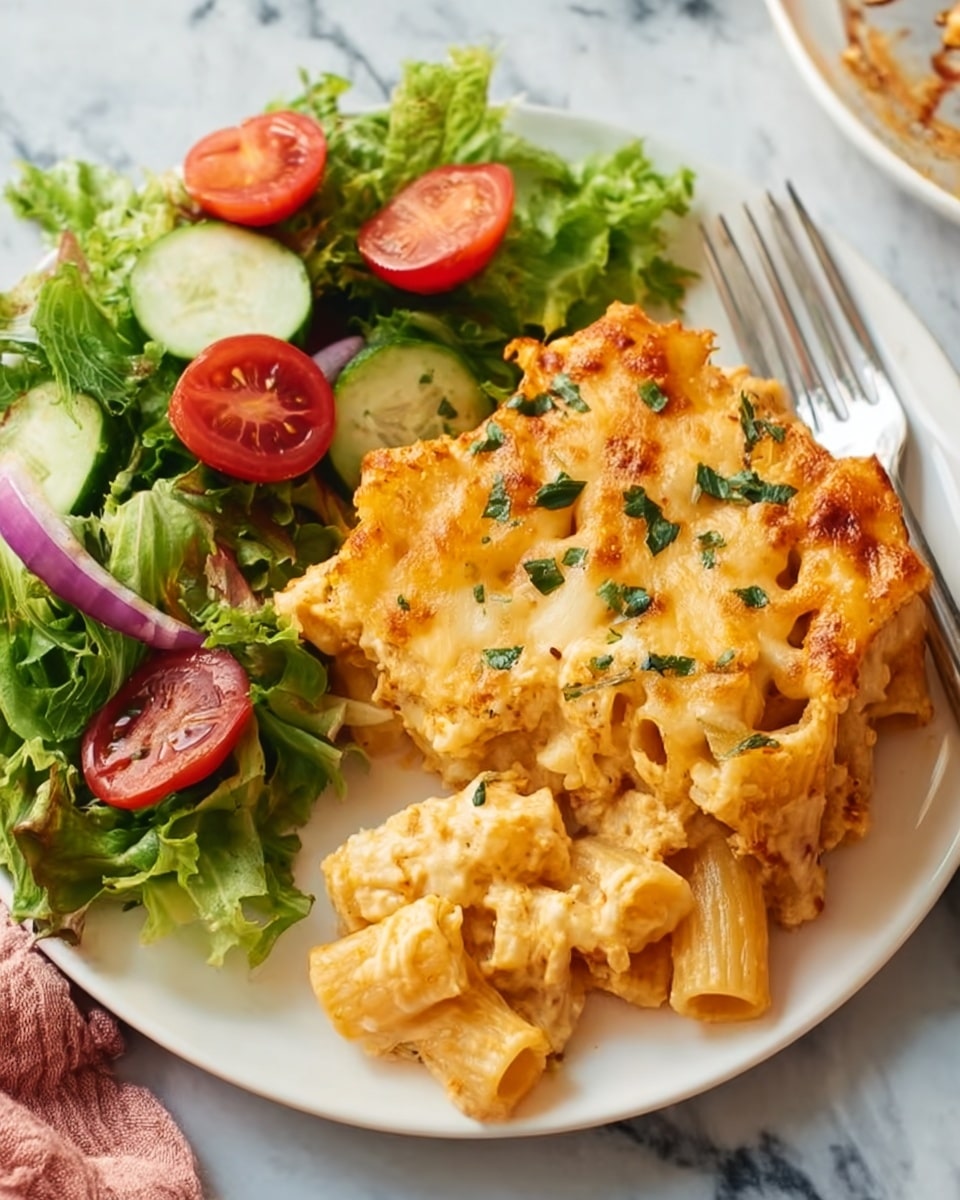 The image shows a white plate with two main parts: on one side, a baked pasta dish with layers of cheesy, golden-brown pasta topped with melted cheese and small green herbs sprinkled on top; the pasta looks creamy and soft with a slightly crispy edge. On the other side, there is a fresh salad made of green leafy lettuce, sliced cucumbers, halved red cherry tomatoes, and thin rings of purple onion, arranged neatly. The plate is placed on a white marbled surface with a fork partially visible under the pasta. Photo taken with an iphone --ar 4:5 --v 7