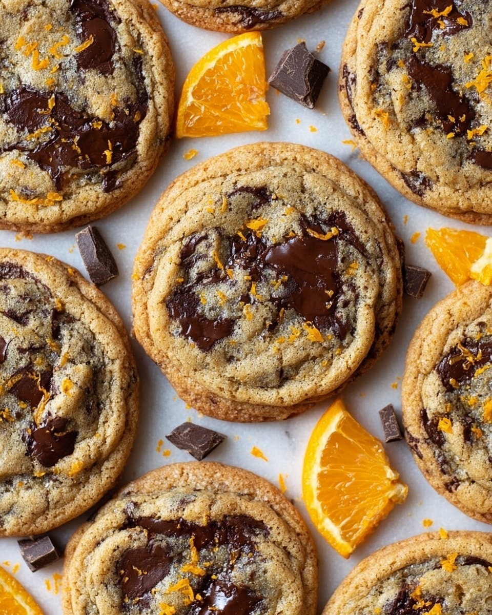 A close-up view of several soft chocolate chip cookies arranged on a white marbled surface, each cookie round with a light golden-brown color and large chunks of dark melted chocolate embedded throughout. Orange zest is sprinkled lightly on some cookies, adding small bright orange flecks, and scattered around are pieces of orange slices and extra chocolate chunks, creating a fresh and inviting look. The cookies' texture looks slightly crispy on the edges and chewy in the center with visible bubbling chocolate pieces. photo taken with an iphone --ar 4:5 --v 7