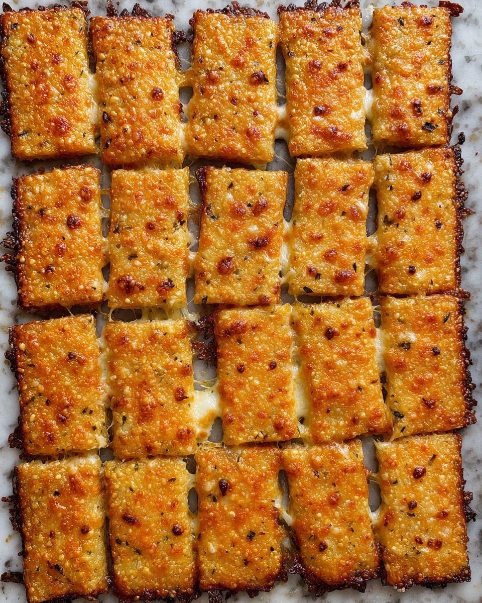 A baking tray filled with 40 golden orange rectangular pieces arranged in a grid of 5 rows and 8 columns. Each piece is covered with a baked layer of melted cheese that has small browned spots and some herbs sprinkled on top. The cheese is slightly bubbly and has melted down between each piece, forming a crispy texture along the edges of the tray. The tray surface is dark with baked-on oil and bits of browned cheese around the edges, creating a contrast with the bright orange pieces. photo taken with an iphone --ar 4:5 --v 7