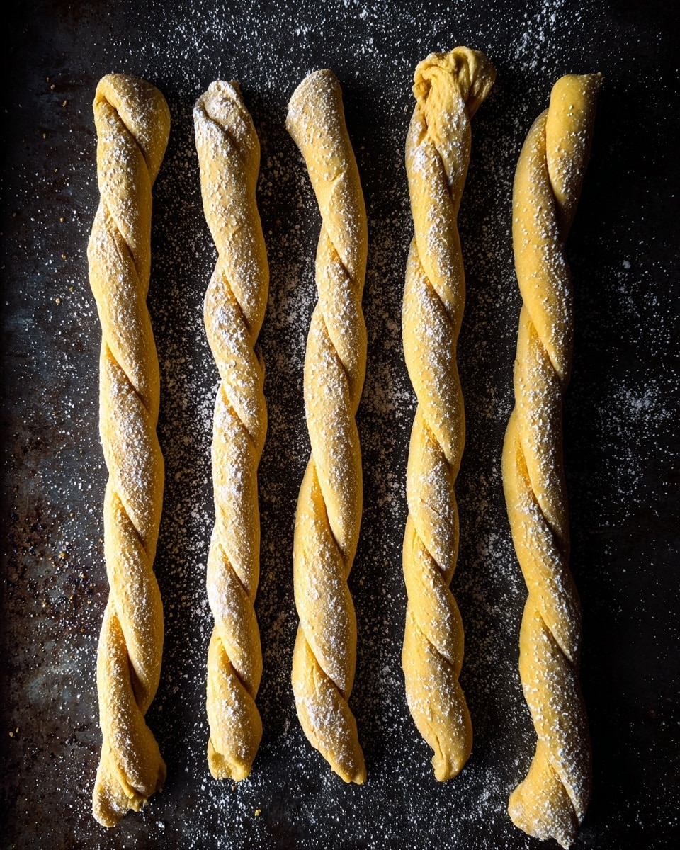Six uncooked twisted dough sticks lie spaced evenly on a dark baking tray with a slightly rough surface. The dough sticks are a warm golden yellow color with a dusting of white flour scattered lightly over each one, adding a powdery texture contrast. Each dough stick features a clear spiral twist pattern, giving a sense of layering within the dough itself. The ends of the dough sticks are tapered and rounded, showing some slight cracks and unevenness that hint at a handmade touch. The overall scene is simple and focused only on the dough sticks and the dark tray beneath them. Photo taken with an iphone --ar 4:5 --v 7