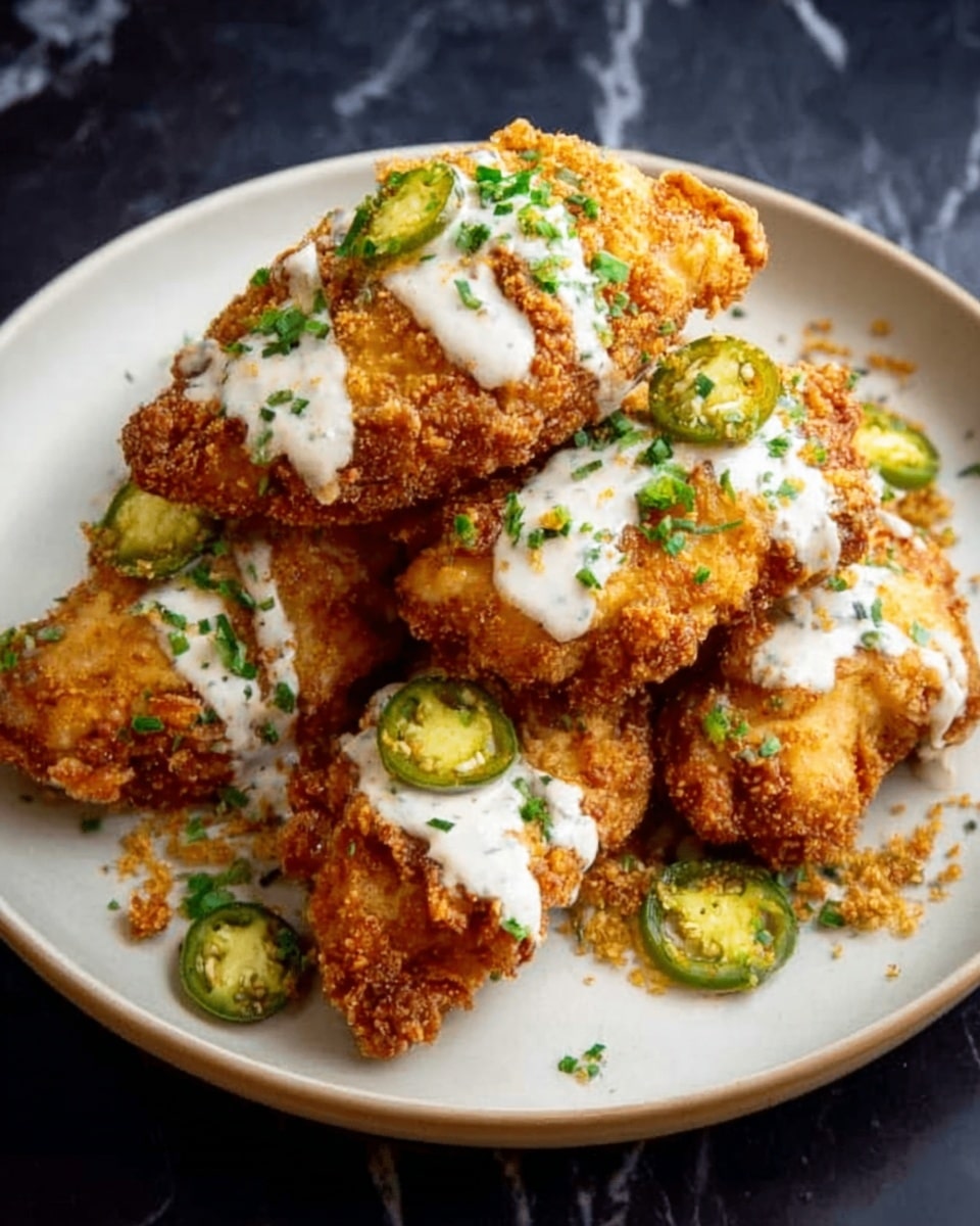 A round white plate holds four pieces of golden brown fried chicken arranged in a loose stack. Each chicken piece is crispy with rough, crunchy texture and topped with a white creamy sauce drizzled unevenly. Bright green herbs and small slices of jalapeño peppers lay scattered on top, adding fresh color. The background is a white marbled texture. Photo taken with an iphone --ar 4:5 --v 7