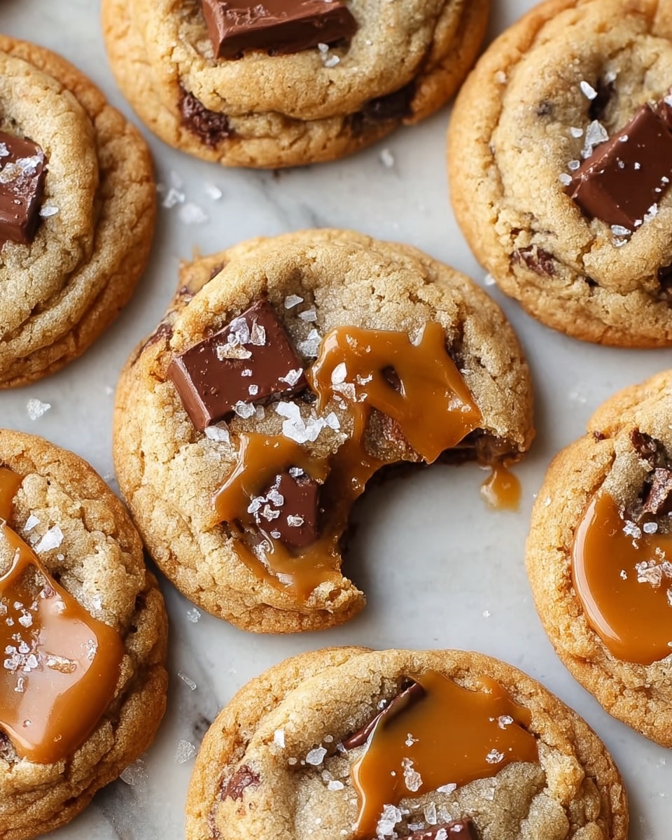 The image shows soft, round cookies with a golden-brown base layer that is slightly cracked and textured like a classic baked cookie. Each cookie has large dark chocolate chunks embedded in the dough, shiny and melting slightly at the edges. Caramel dollops in a smooth, glossy amber color sit on top of the cookies, slightly melted and pooling in some spots. Tiny bits of white sea salt are sprinkled on top, adding a bright contrast to the brown tones. The cookies are placed on a flat surface with a subtle white marbled texture. One cookie in the top right is partially eaten, showing a chewy interior. Photo taken with an iphone --ar 4:5 --v 7