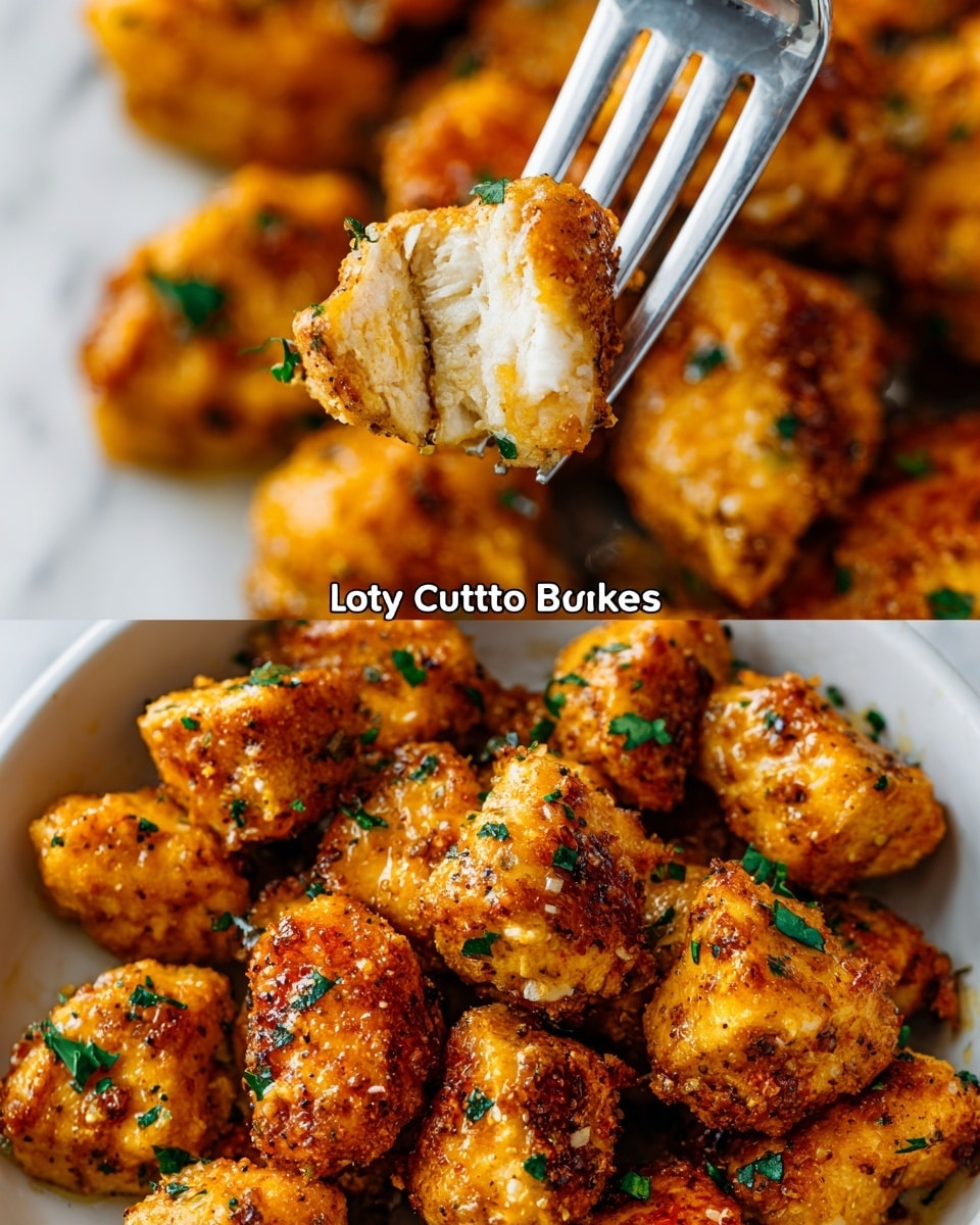 The image shows many small, bite-sized pieces of chicken cooked with a golden brown, crispy texture, and coated with a shiny buttery glaze. The chicken pieces, about three layers thick, have specks of green herbs sprinkled on top, adding a fresh touch. A silver fork is holding one chicken piece near the center, displaying the tender white inside. The chicken bites sit in a white dish, placed on a white marbled surface. The overall look is warm and inviting, showing a well-seasoned, richly glazed dish. photo taken with an iphone --ar 4:5 --v 7