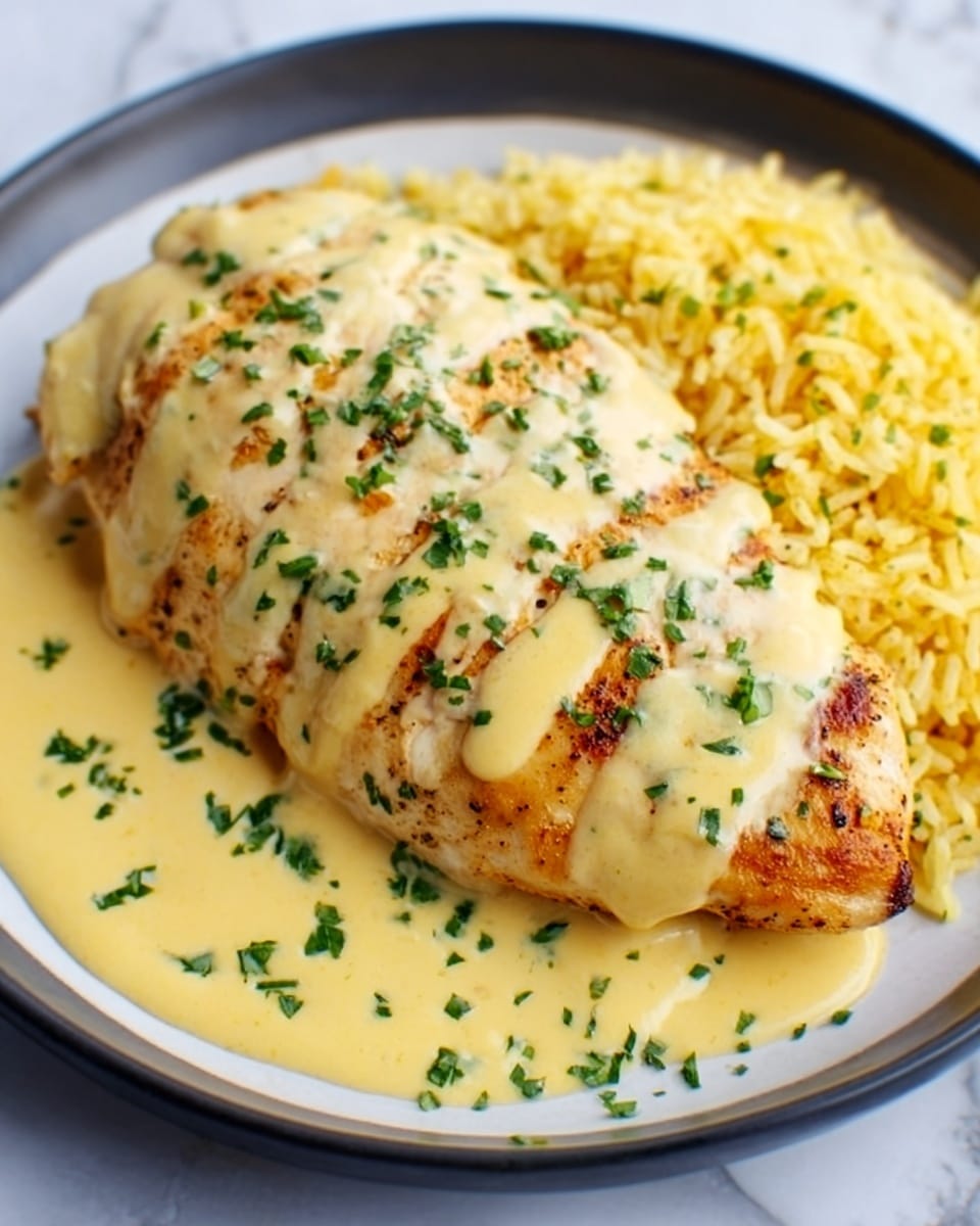 A white plate holds a single piece of grilled chicken breast with dark grill marks and a slightly crispy look. On top of the chicken, there is a pale yellow creamy sauce drizzled in thick lines from left to right, covering most of the surface. The sauce is sprinkled with finely chopped green herbs for a fresh touch. To the side of the chicken, there is a serving of yellow rice with a fluffy texture. The plate sits on a white marbled surface. photo taken with an iphone --ar 4:5 --v 7