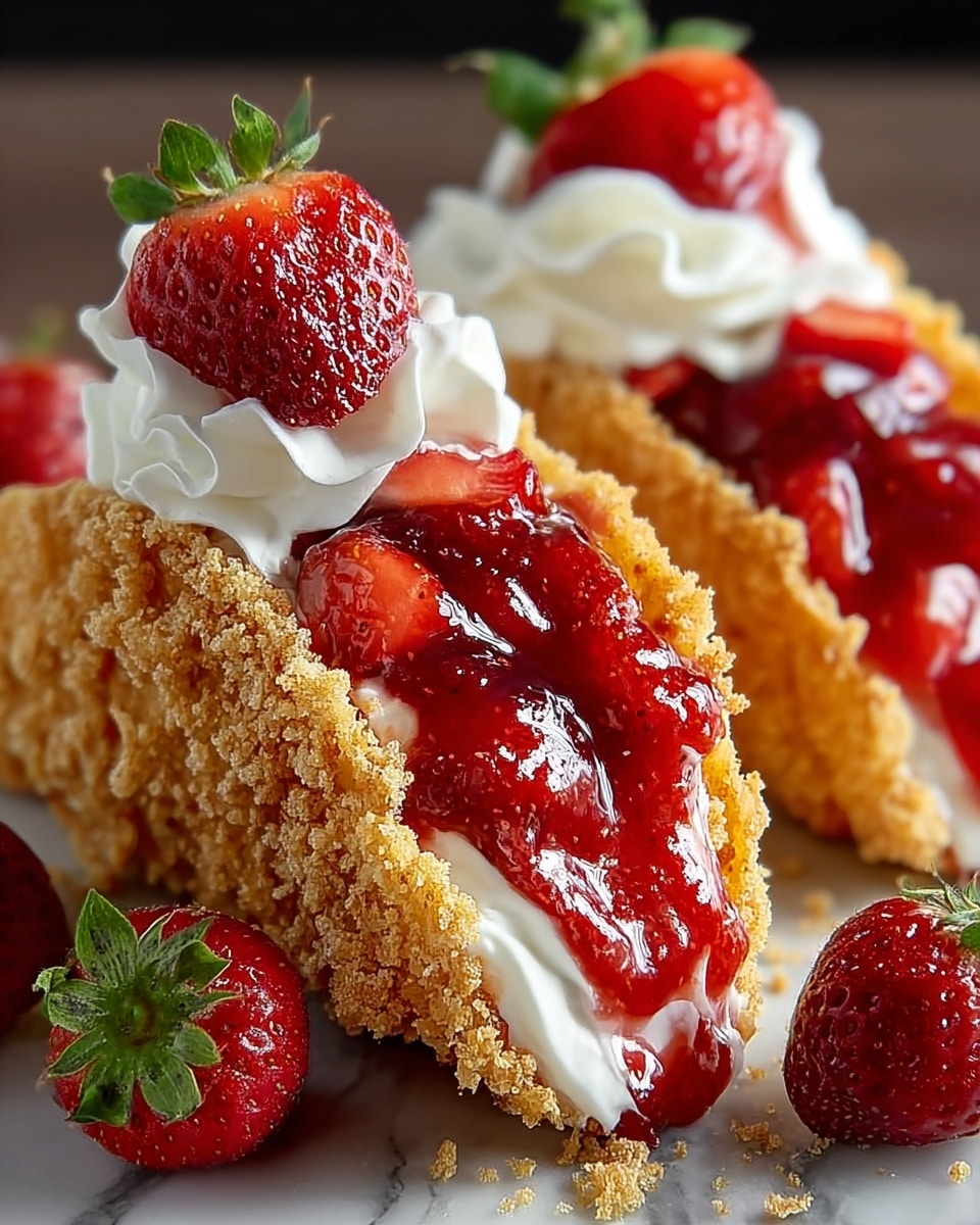 The image shows two small taco-shaped desserts with three main layers. The outer shell is crispy and crumbly with a golden-brown color. Inside, there is a white creamy layer filling the shell, topped with a bright red, glossy strawberry jam that oozes slightly out of the shell. Each dessert is finished with a swirl of white whipped cream on top, crowned with a fresh, halved red strawberry with green leaves. The desserts are placed on a dark wooden surface, sprinkled lightly with powdered sugar, and there is a whole fresh strawberry with green leaves sitting next to them, all set against a soft-focus background with more strawberries. Photo taken with an iphone --ar 4:5 --v 7