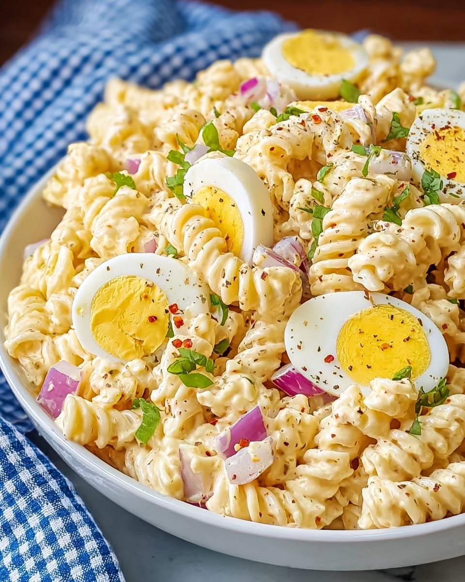A white bowl filled with creamy pasta salad showing three layers: the bottom layer is pale yellow macaroni with visible hollow tubes and a slightly glossy texture, the middle layer has small red onion pieces and chopped green herbs mixed evenly, and the top layer is decorated with small slices of hard-boiled eggs having bright yellow yolks and white edges, sprinkled with red chili flakes and finely ground black pepper. The bowl is placed on a white marbled surface with a blue and white checkered cloth around the base. photo taken with an iphone --ar 4:5 --v 7