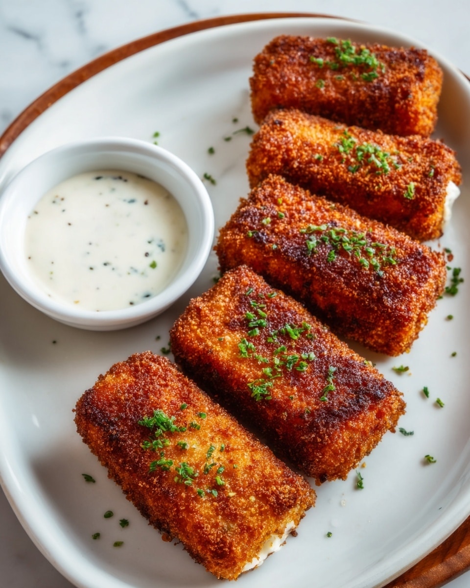 A white plate holds five golden-brown rectangular croquettes with a crispy, textured surface, sprinkled lightly with green chopped herbs. Next to the croquettes is a small white bowl filled with a smooth, creamy white dipping sauce. The plate sits on a white marbled surface. Photo taken with an iphone --ar 4:5 --v 7