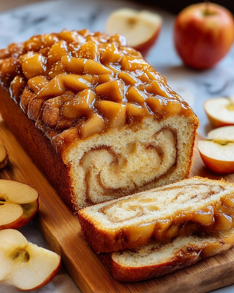 A loaf of cinnamon apple bread sliced to show its inside, with two layers visible: a light golden-brown cake layer with swirls of cinnamon sugar, and on top, a thick, glossy layer of diced apple pieces coated in a sticky cinnamon glaze. The loaf sits on a wooden board with apple slices and more apple halves nearby, all against a white marbled background. The texture of the bread looks soft and moist, while the apple topping is shiny and caramelized. photo taken with an iphone --ar 4:5 --v 7