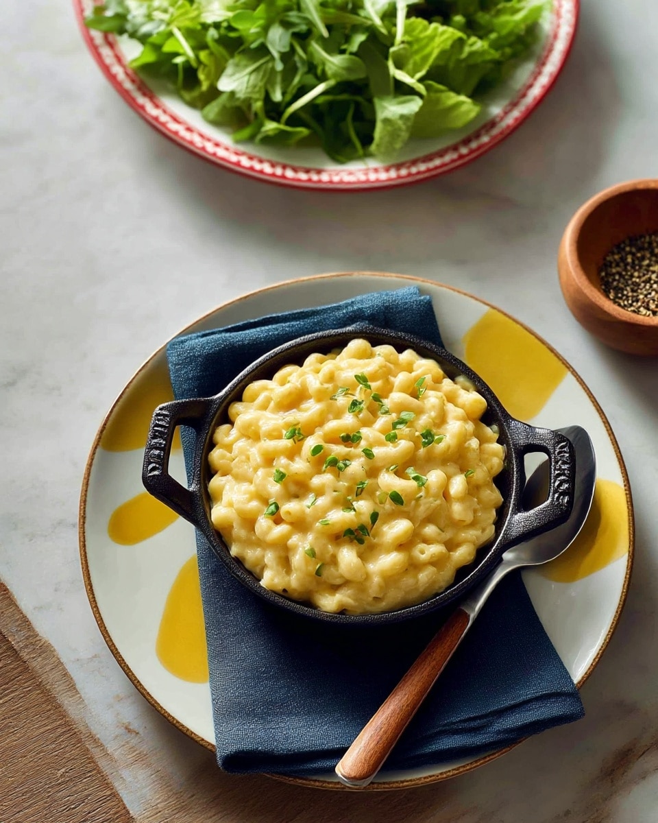 The image shows creamy yellow macaroni and cheese topped with small green herbs, served in a small black cast iron dish with handles on both sides. The dish sits on a folded dark blue cloth napkin, placed on a white plate with a yellow rim and yellow abstract shapes near the center. A spoon with a wooden handle rests inside the macaroni and cheese. In the background, there is a white plate with a red rim filled with fresh green salad leaves, and a small wooden bowl containing black pepper. All items are set on a white marbled textured surface. photo taken with an iphone --ar 4:5 --v 7
