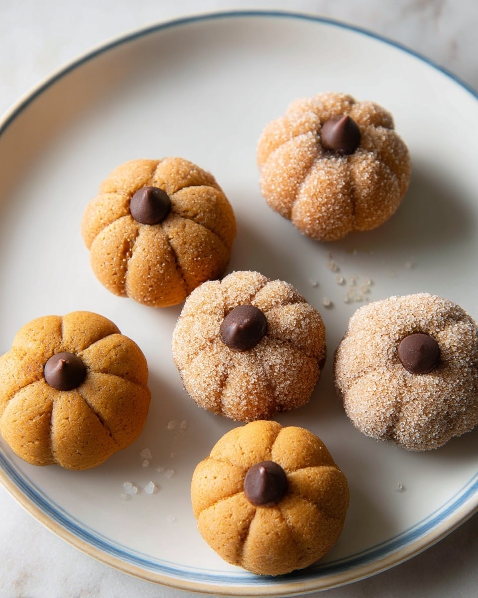 Five small pumpkin-shaped treats sit on a white plate with a thin blue rim, placed on a white marbled texture surface. Each treat has one layer of soft, light brown dough with small grooves around the sides to mimic a pumpkin shape. Three treats are coated with a layer of coarse sugar giving a grainy texture, while the other two have a smooth surface. At the center top of each treat is a single dark brown chocolate chip pressed in to look like a pumpkin stem. The plate is clean except for a few scattered sugar grains. Photo taken with an iphone --ar 4:5 --v 7