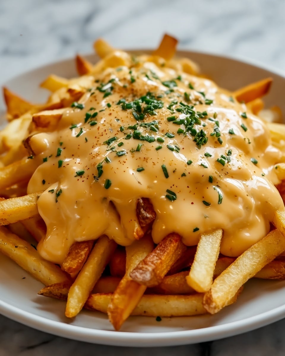 A white plate holds a pile of golden French fries with a crispy texture on the edges, covered by a thick layer of creamy, light orange cheese sauce that is smooth and glossy. The cheese sauce is topped with small green herb pieces and light brown seasoning, adding color contrast. The fries underneath are partially visible, showing their warm, cooked texture. The background is a white marbled texture. photo taken with an iphone --ar 4:5 --v 7